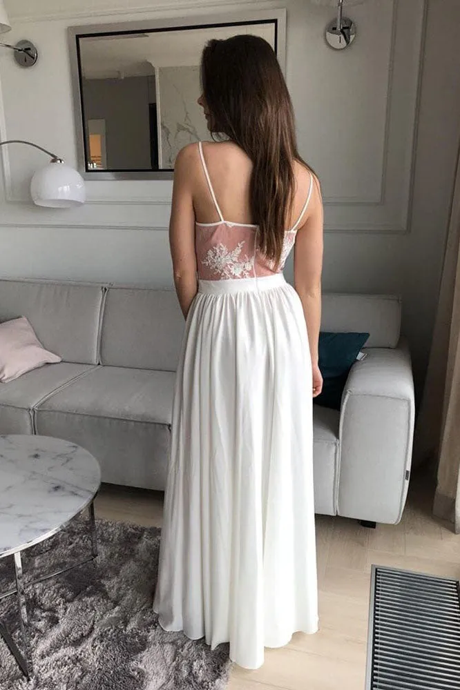 Cheap Elegant A Line Spaghetti Strap Sleeveless Split Applique Long Prom Dresses OHC456