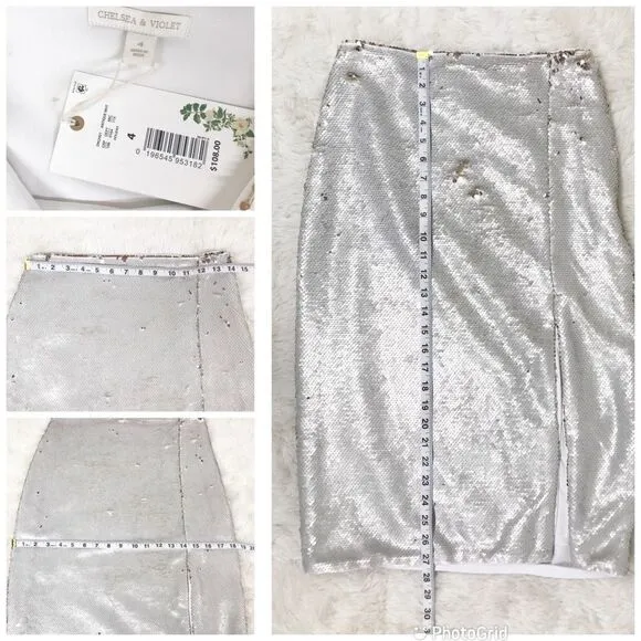 CHELSEA &amp; VIOLET Full Sequin Midi Pencil Skirt Cream Silver Gold Size 0 4 New