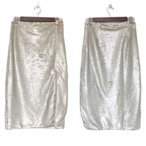 CHELSEA &amp; VIOLET Full Sequin Midi Pencil Skirt Cream Silver Gold Size 0 4 New