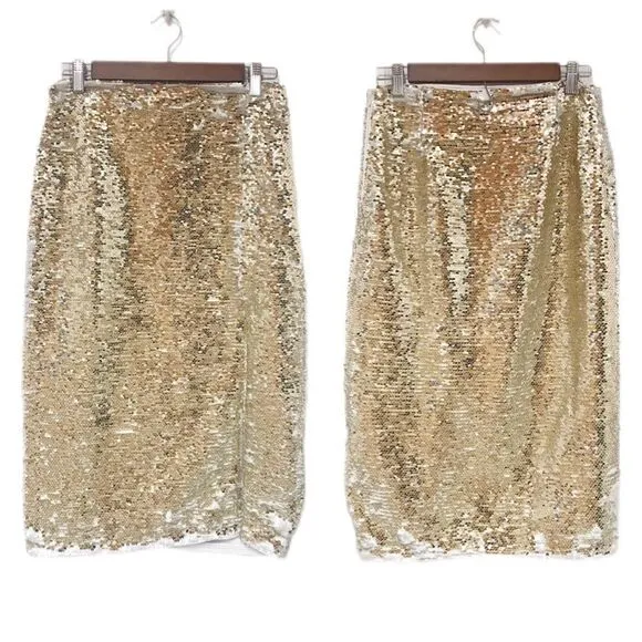 CHELSEA &amp; VIOLET Full Sequin Midi Pencil Skirt Cream Silver Gold Size 0 4 New
