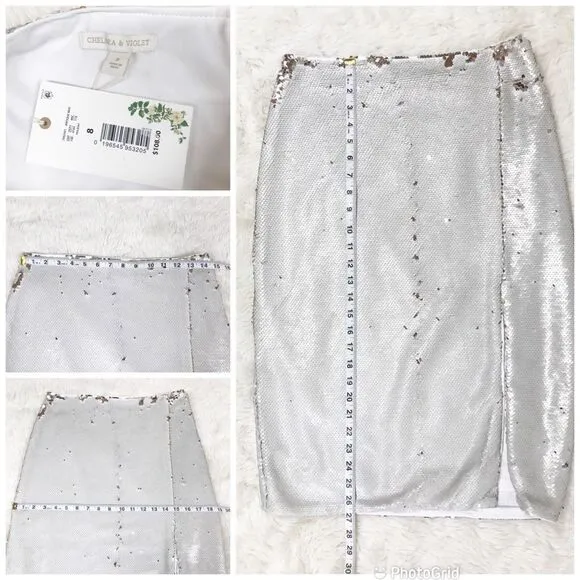 CHELSEA &amp; VIOLET Full Sequin Midi Pencil Skirt Gold Silver Cream Size 8 10 New