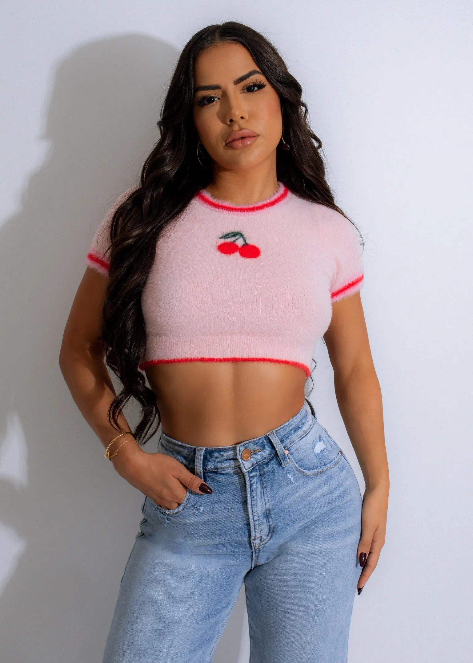 Cherry Fuzz Knit Crop Top Pink