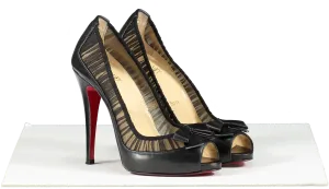 Christian Louboutin Black Leather/chiffon Angelique 100 Peep Toe Pumps UK 3 EU 36 👠