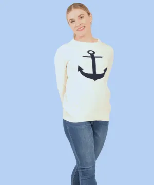 Classic Cream Nautical Sweater with Navy Anchor Design | Coastal Look