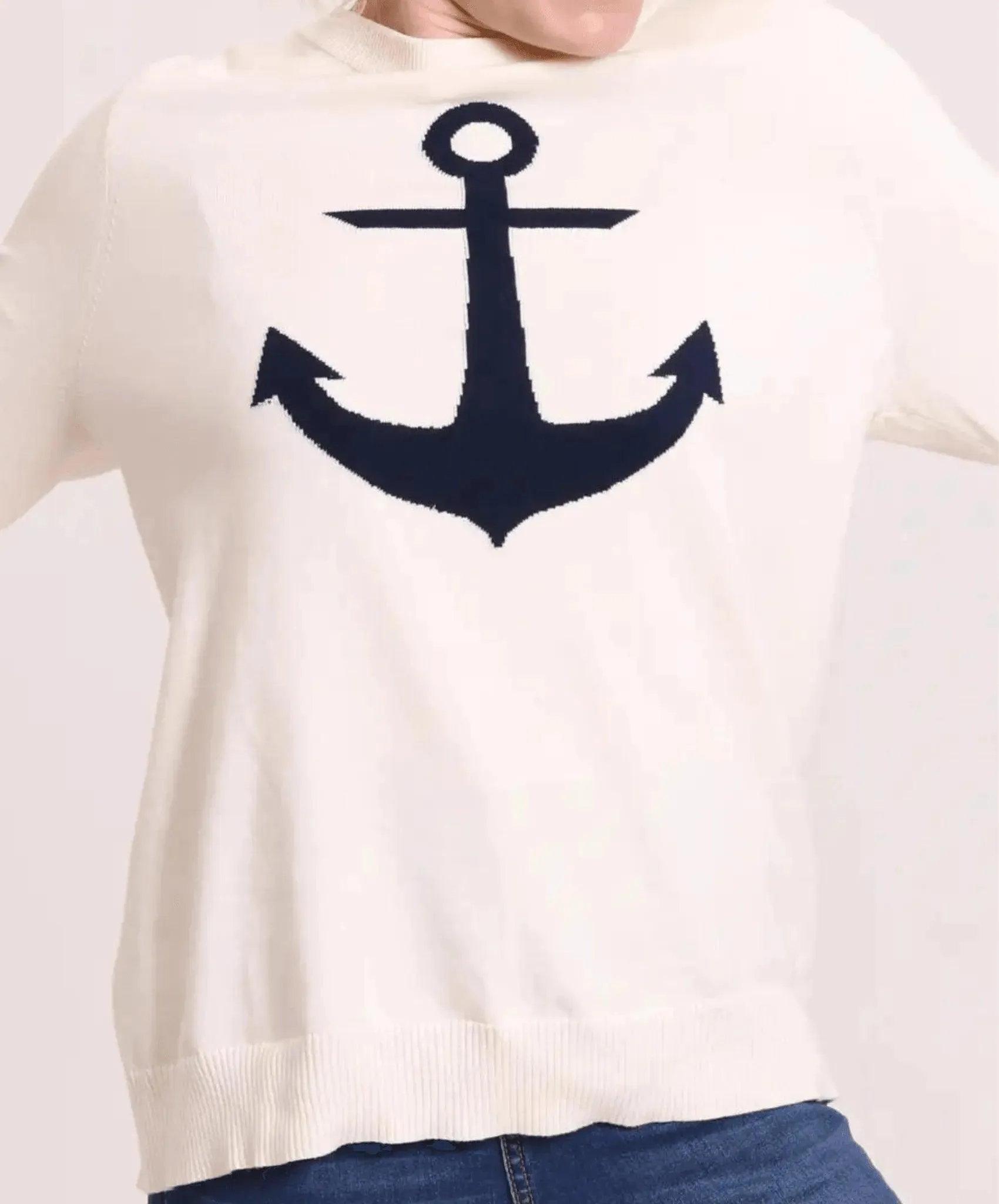 Classic Cream Nautical Sweater with Navy Anchor Design | Coastal Look
