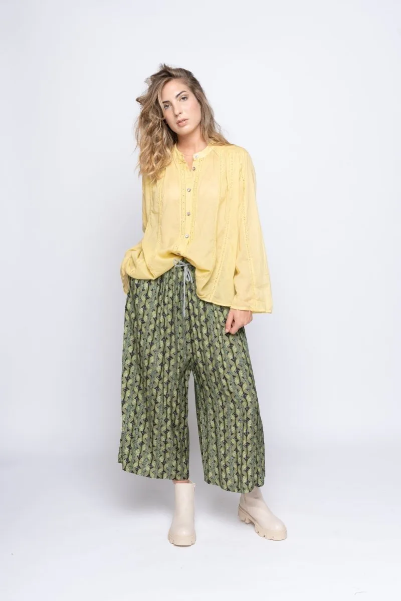 Crochet Striped Button-Up Band Collar Shirt