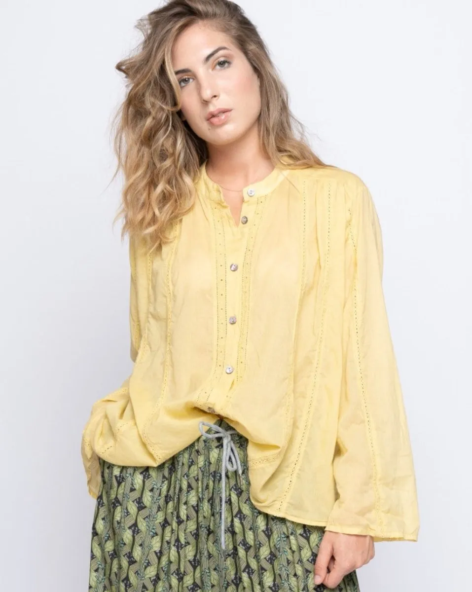Crochet Striped Button-Up Band Collar Shirt