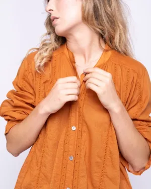 Crochet Striped Button-Up Band Collar Shirt