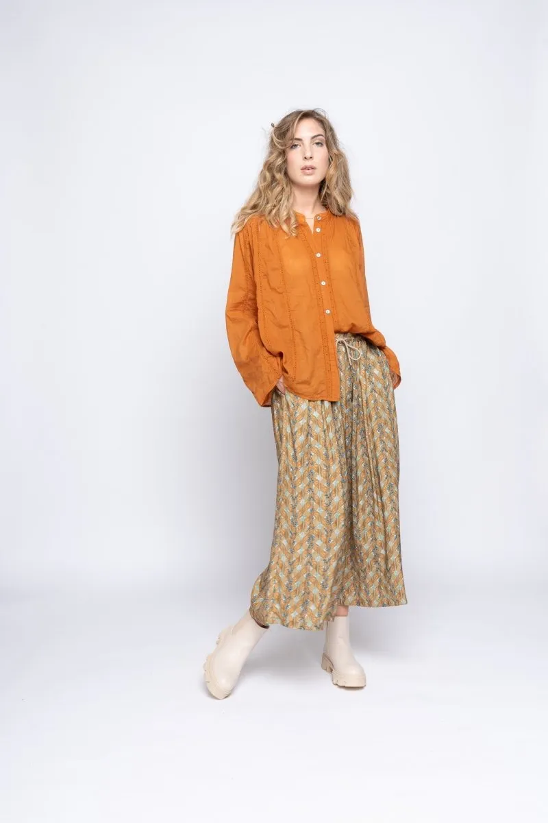 Crochet Striped Button-Up Band Collar Shirt