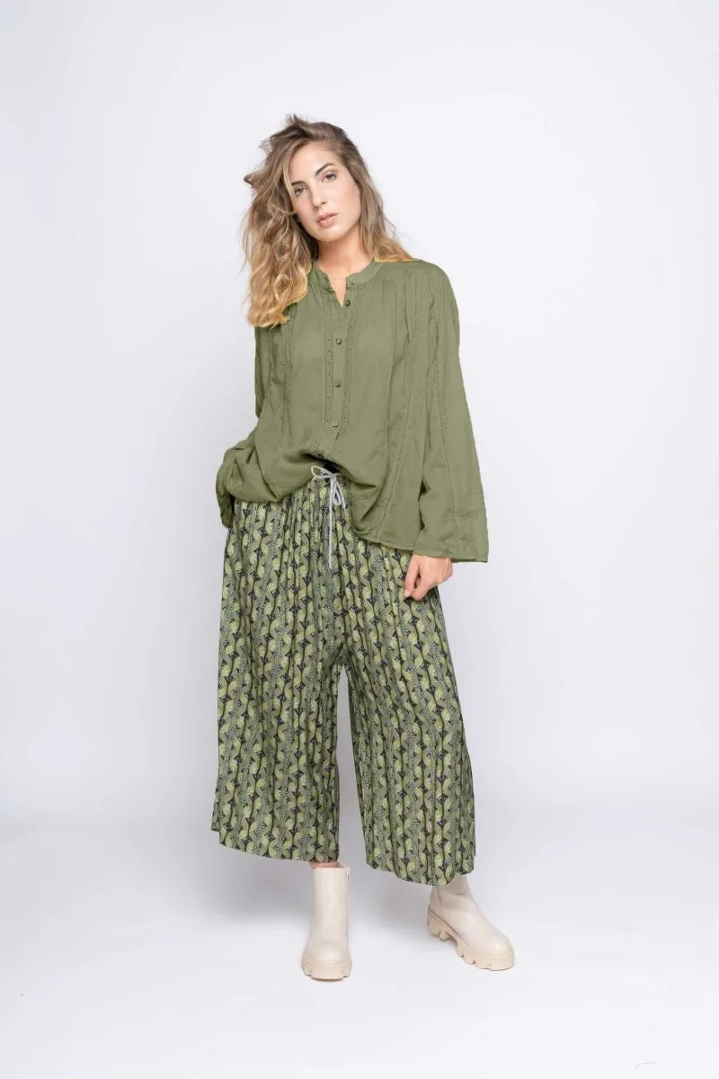 Crochet Striped Button-Up Band Collar Shirt