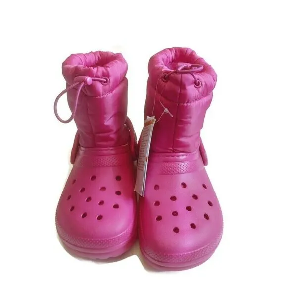 Crocs Classic Lined Neo Puff Slip On Boot K Girls Size J2 Fuchsia Fun Pink