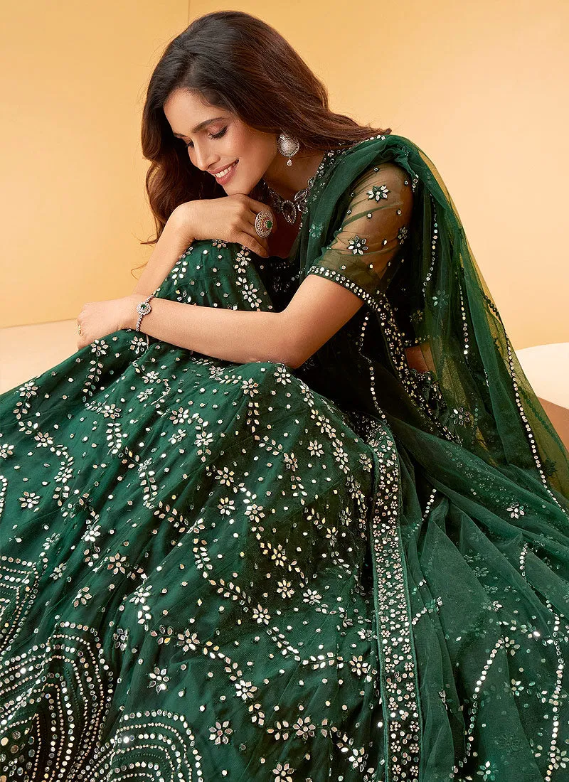 Dark Green Mirror Work Embroidered Wedding Lehenga Choli