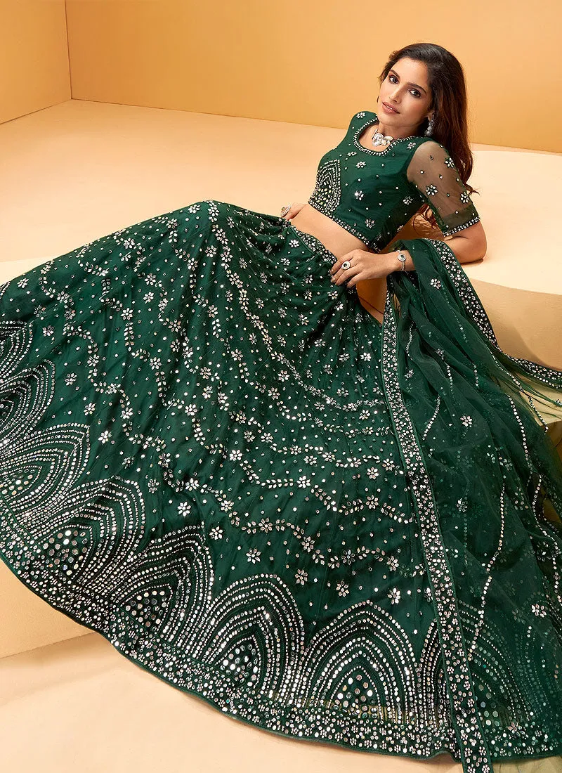Dark Green Mirror Work Embroidered Wedding Lehenga Choli