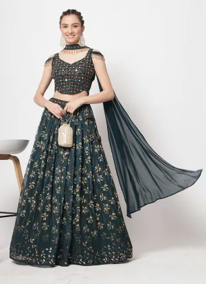 Deep Green Sequence Embroidery Digital Printed Lehenga Choli