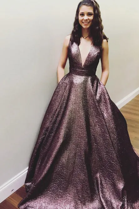 Elegant A-Line Deep V-Neck Sweep Train Metallic Brown Long Prom Dress with Pockets OHC567