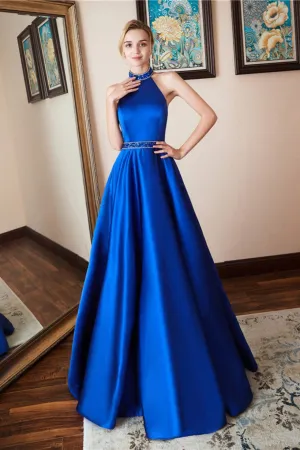 Elegant A Line High Neck Open Back Sleeveless Beaded Long Royal Blue Satin Waistline Prom Dress OHC335