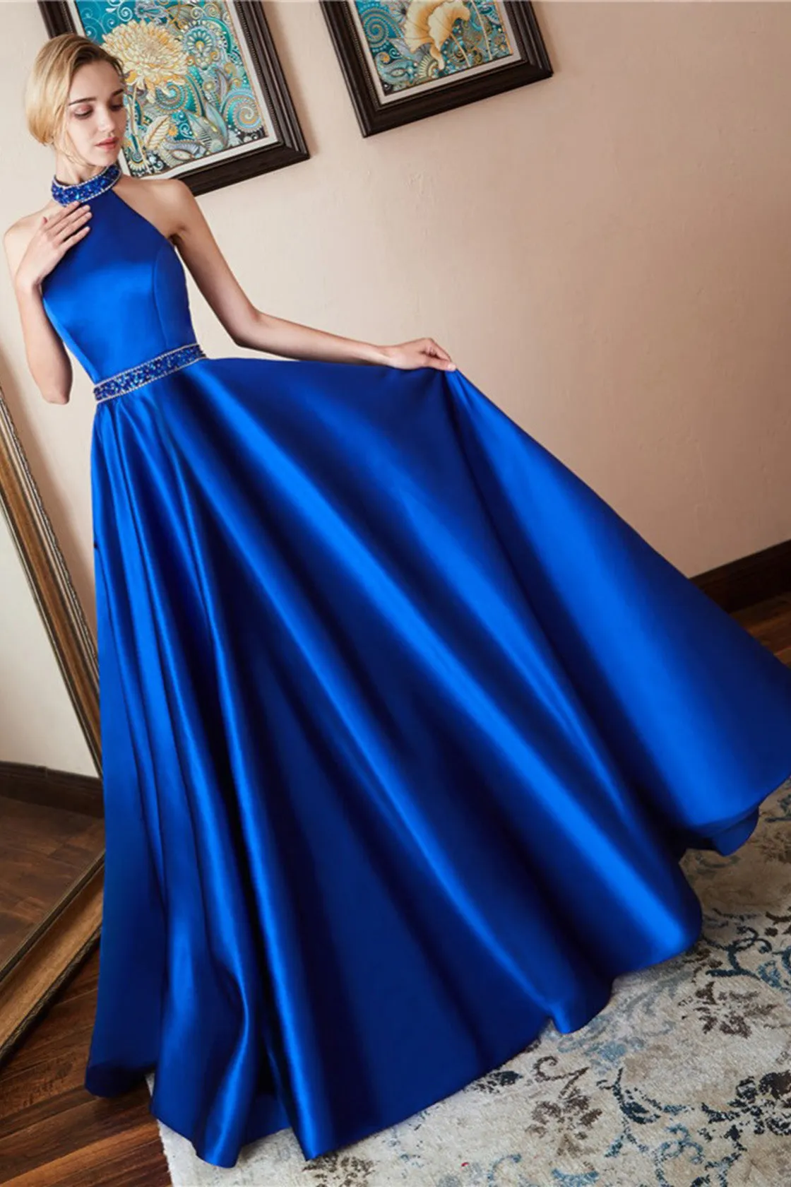 Elegant A Line High Neck Open Back Sleeveless Beaded Long Royal Blue Satin Waistline Prom Dress OHC335