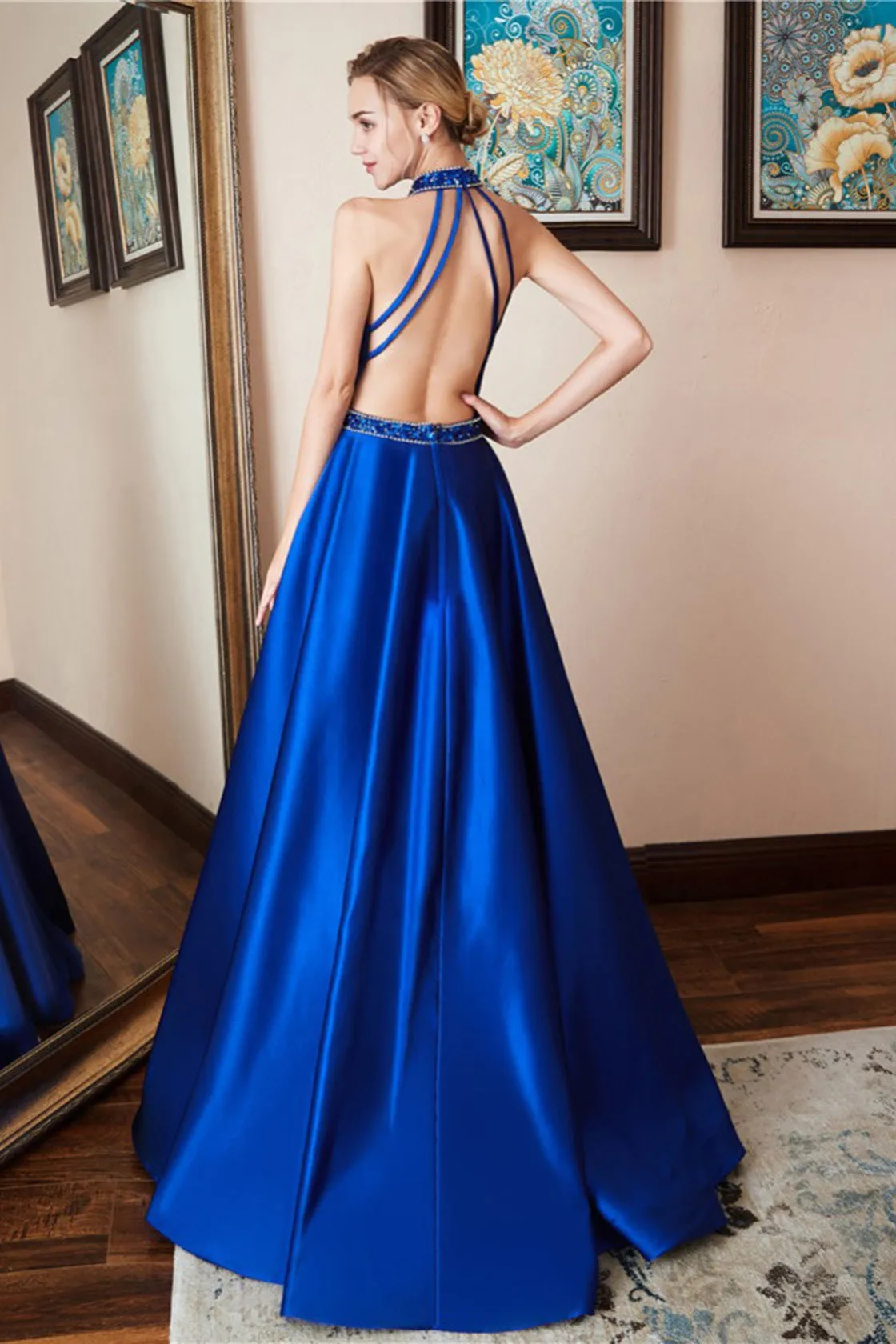 Elegant A Line High Neck Open Back Sleeveless Beaded Long Royal Blue Satin Waistline Prom Dress OHC335