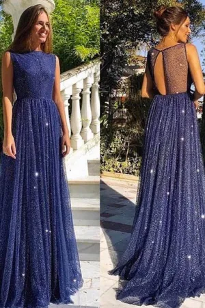 Elegant A Line Sequins Open Back Sleeveless Long Dark Blue Tulle Prom Dress Evening Dress OHC351