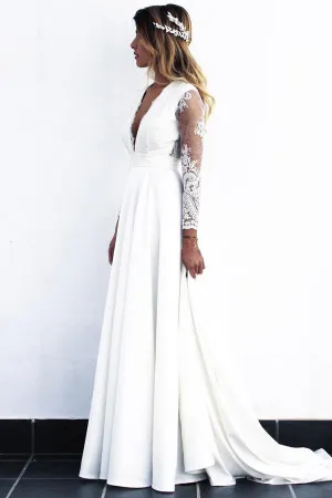 Elegant A-Line V-Neck Open Back Long Sleeves Wedding Dress with Lace OHD037