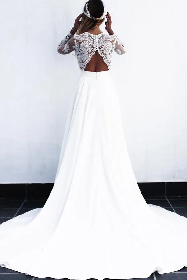Elegant A-Line V-Neck Open Back Long Sleeves Wedding Dress with Lace OHD037