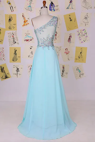 Elegant One Shoulder Court Train Chiffon Blue Backless Long Prom Dress D012