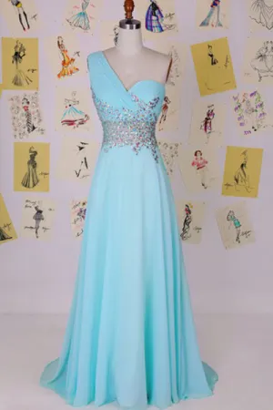Elegant One Shoulder Court Train Chiffon Blue Backless Long Prom Dress D012