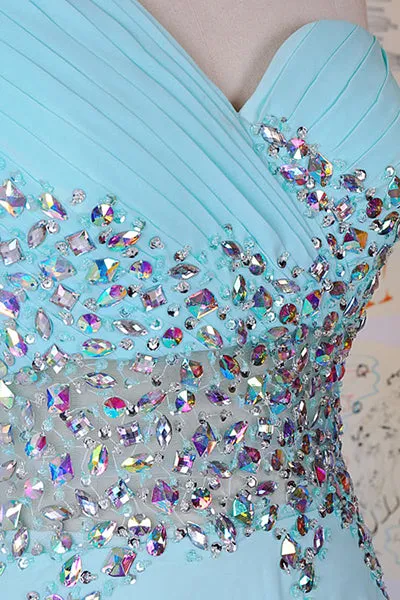 Elegant One Shoulder Court Train Chiffon Blue Backless Long Prom Dress D012