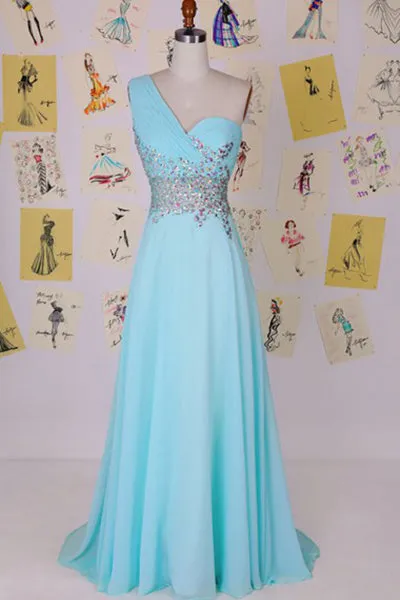 Elegant One Shoulder Court Train Chiffon Blue Backless Long Prom Dress D012