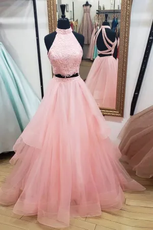 Elegant Pink Tulle Two Pieces Strapless High Neck Long Prom Dress Evening Dresses OHC406