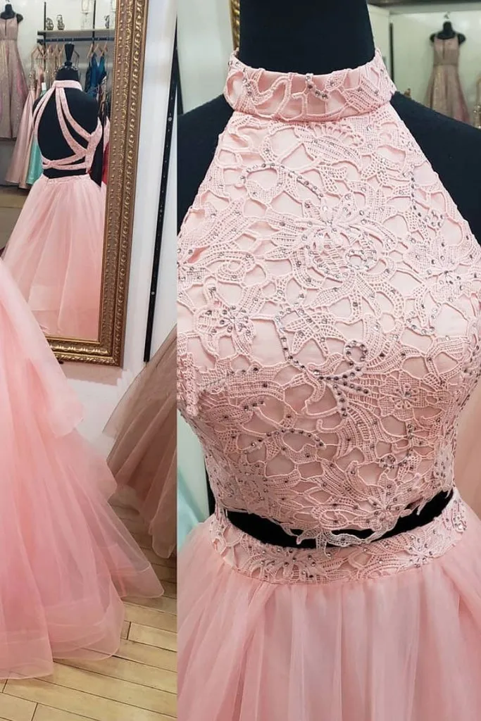 Elegant Pink Tulle Two Pieces Strapless High Neck Long Prom Dress Evening Dresses OHC406