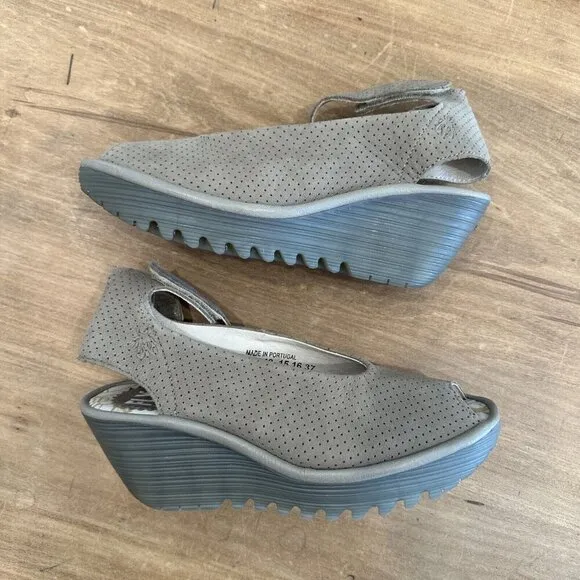Fly London Yala Perforated Wedge Sandals Ankle Strap Peep Toe Size EUR 37 US 6.5
