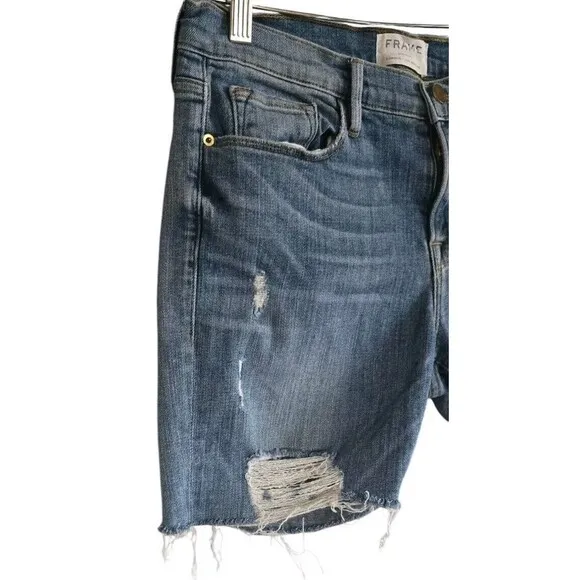 Frame Le Grand Garcon Cut Off Jean Shorts Women's 28 Blue Raw Hem