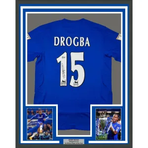 Framed Autographed/Signed Didier Drogba #15 35x39 Chelsea FC Blue Jersey BAS COA