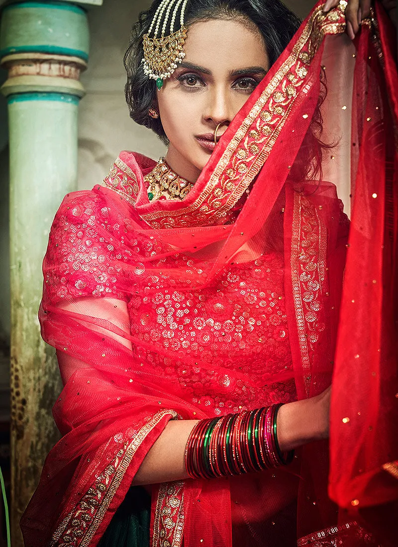 Green And Red Designer Wedding Lehenga Choli