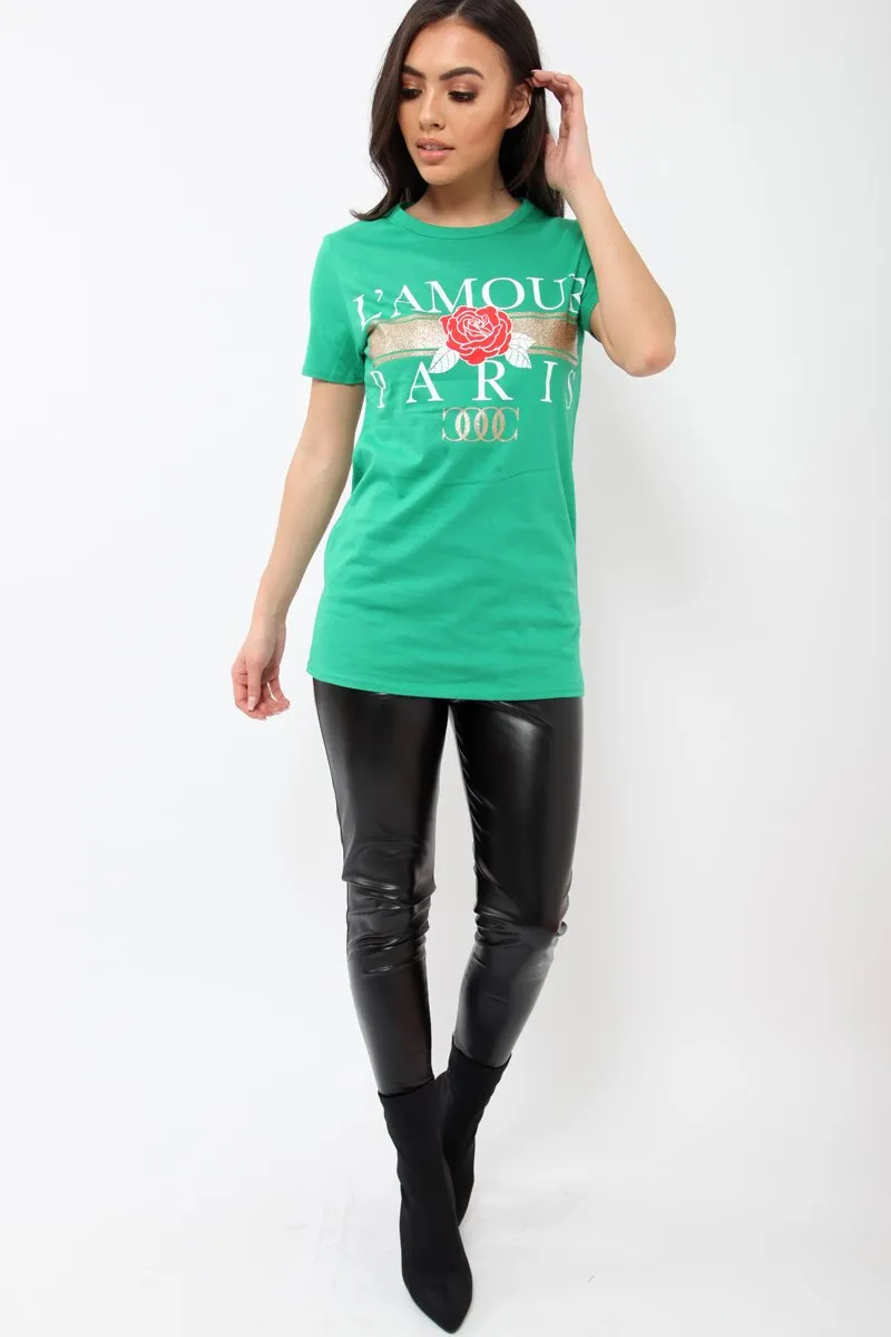 Green L'amour Paris Rose Slogan T-shirt - Marissa