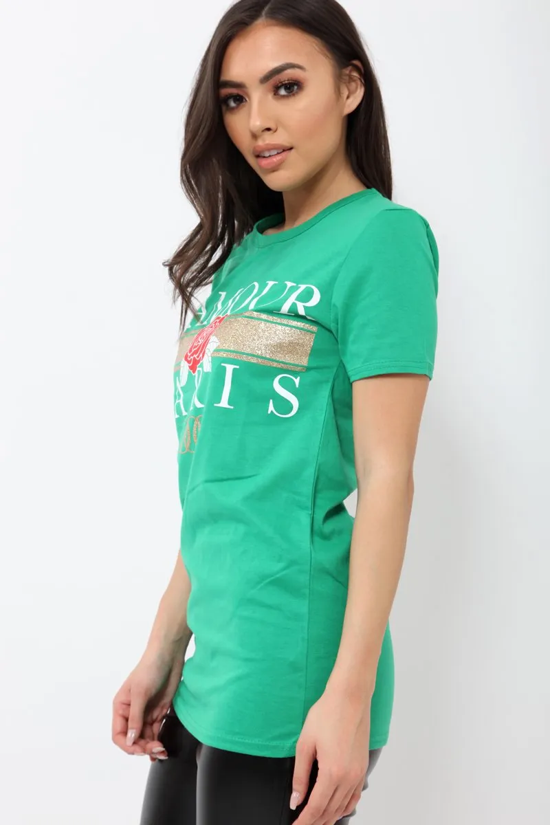 Green L'amour Paris Rose Slogan T-shirt - Marissa