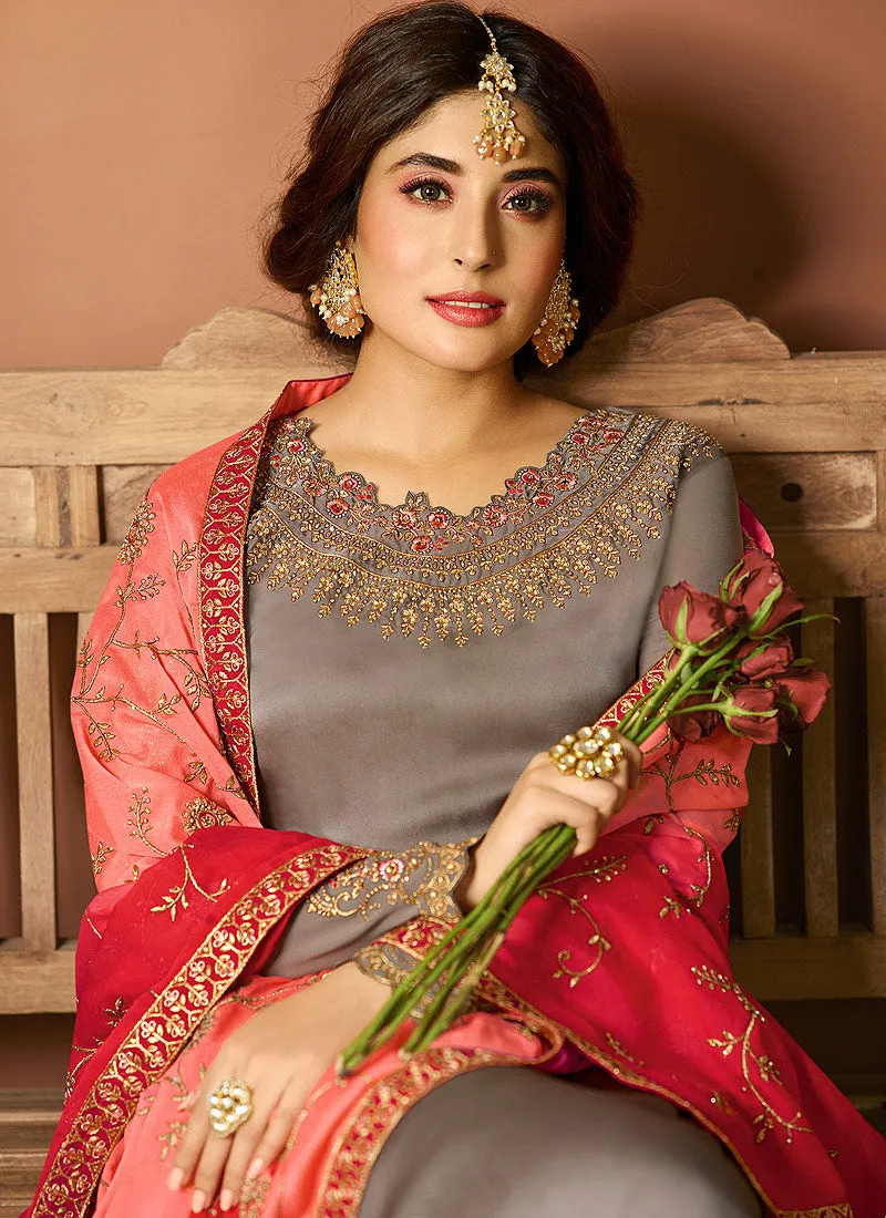 Grey And Peach Multi Embroidered Designer Pakistani Pant Suit