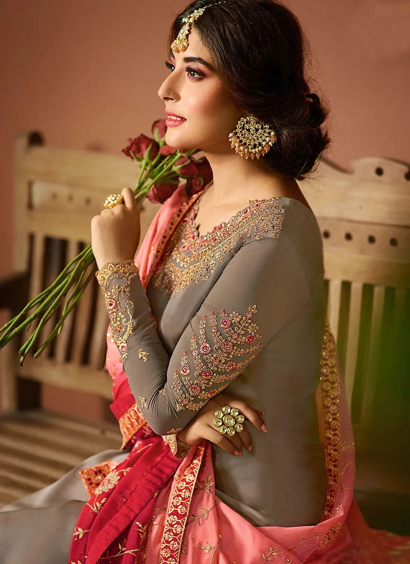 Grey And Peach Multi Embroidered Designer Pakistani Pant Suit