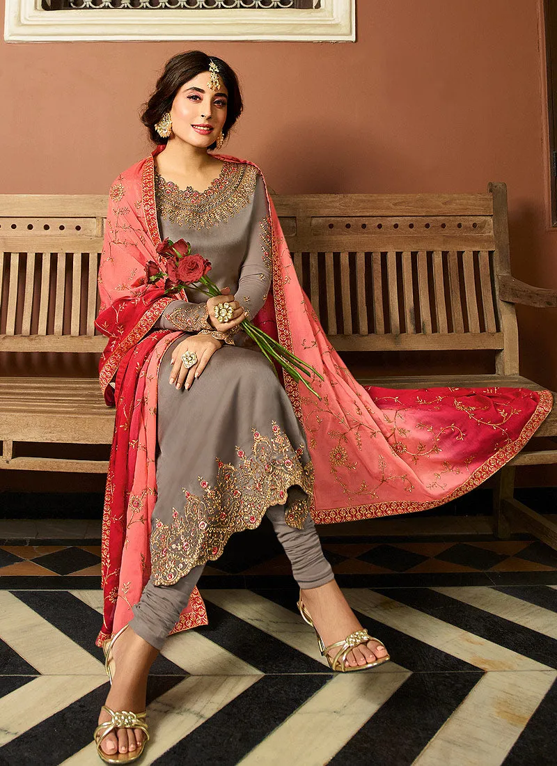 Grey And Peach Multi Embroidered Designer Pakistani Pant Suit