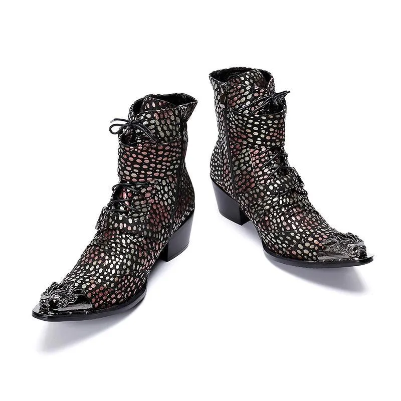 Handmade Western Cowboy Boots Men Pointed Iron Toe Color Leather Motorcycle Boots Men Botas Hombre 6.5cm Heels Buckles