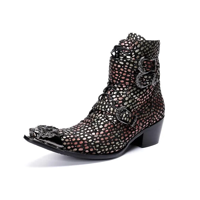Handmade Western Cowboy Boots Men Pointed Iron Toe Color Leather Motorcycle Boots Men Botas Hombre 6.5cm Heels Buckles