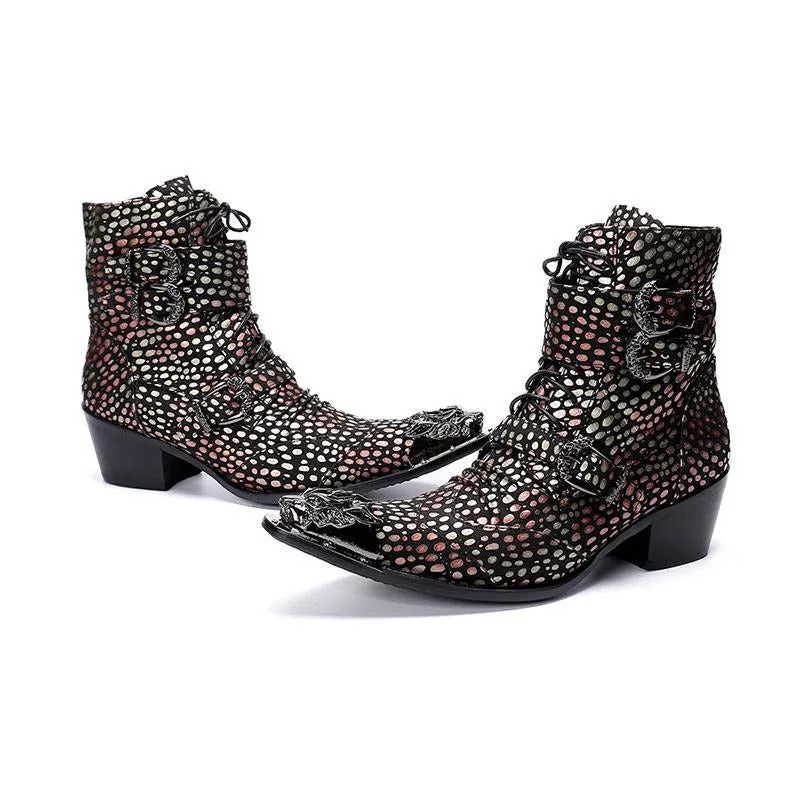 Handmade Western Cowboy Boots Men Pointed Iron Toe Color Leather Motorcycle Boots Men Botas Hombre 6.5cm Heels Buckles