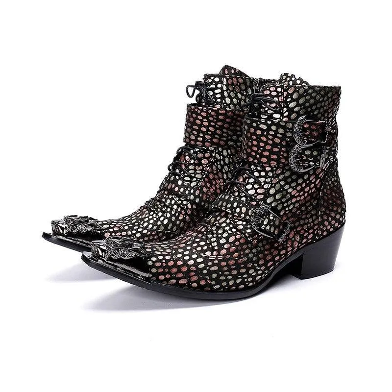 Handmade Western Cowboy Boots Men Pointed Iron Toe Color Leather Motorcycle Boots Men Botas Hombre 6.5cm Heels Buckles