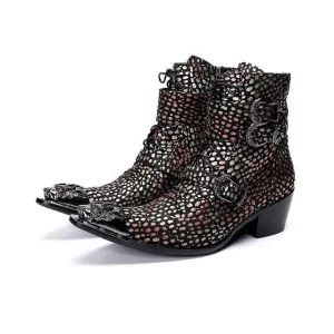 Handmade Western Cowboy Boots Men Pointed Iron Toe Color Leather Motorcycle Boots Men Botas Hombre 6.5cm Heels Buckles