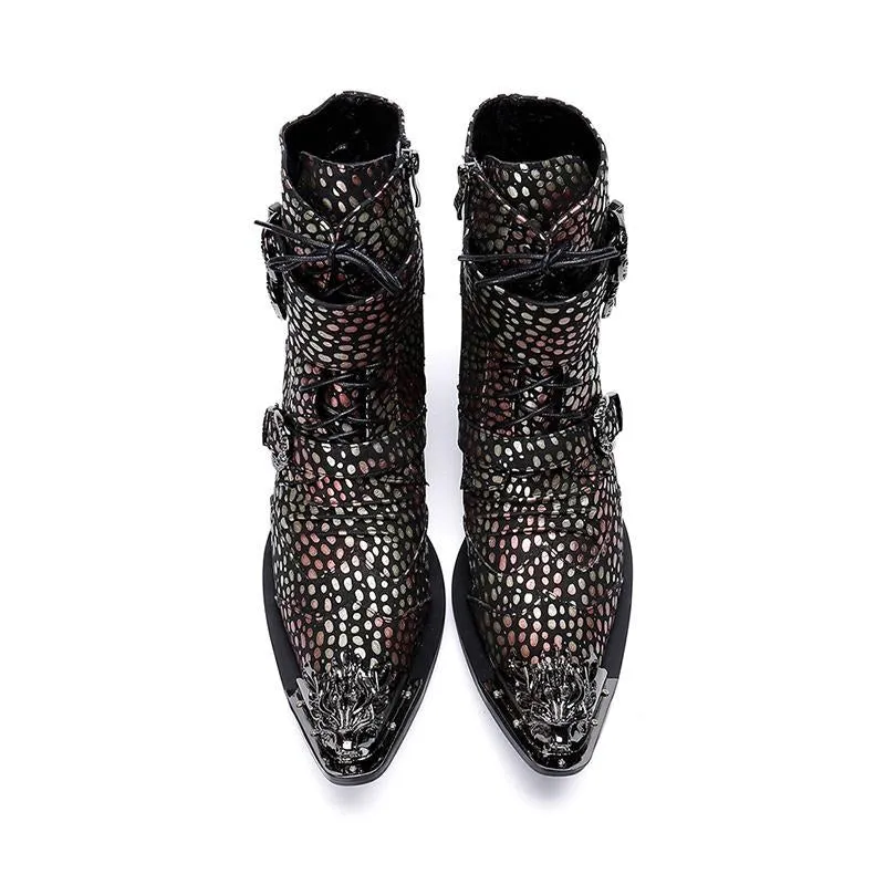 Handmade Western Cowboy Boots Men Pointed Iron Toe Color Leather Motorcycle Boots Men Botas Hombre 6.5cm Heels Buckles