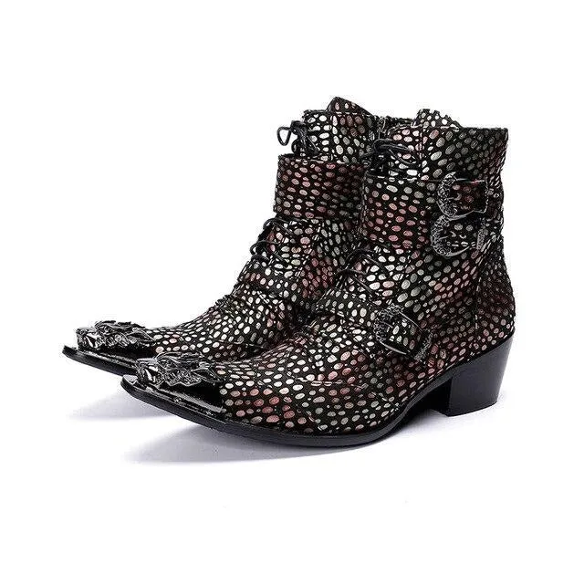 Handmade Western Cowboy Boots Men Pointed Iron Toe Color Leather Motorcycle Boots Men Botas Hombre 6.5cm Heels Buckles