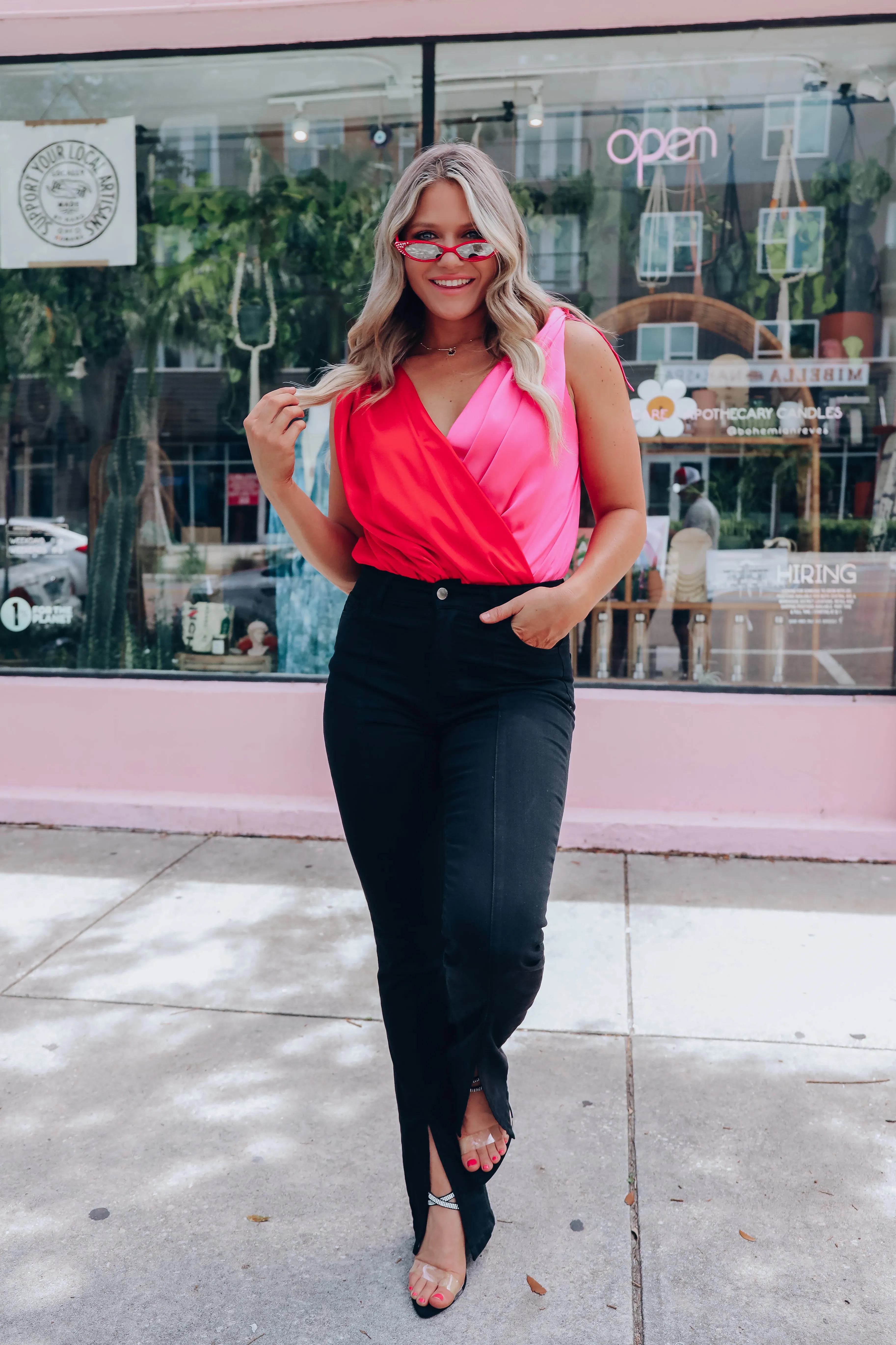 High Class Two-Tone Satin Bodysuit - Red/Pink