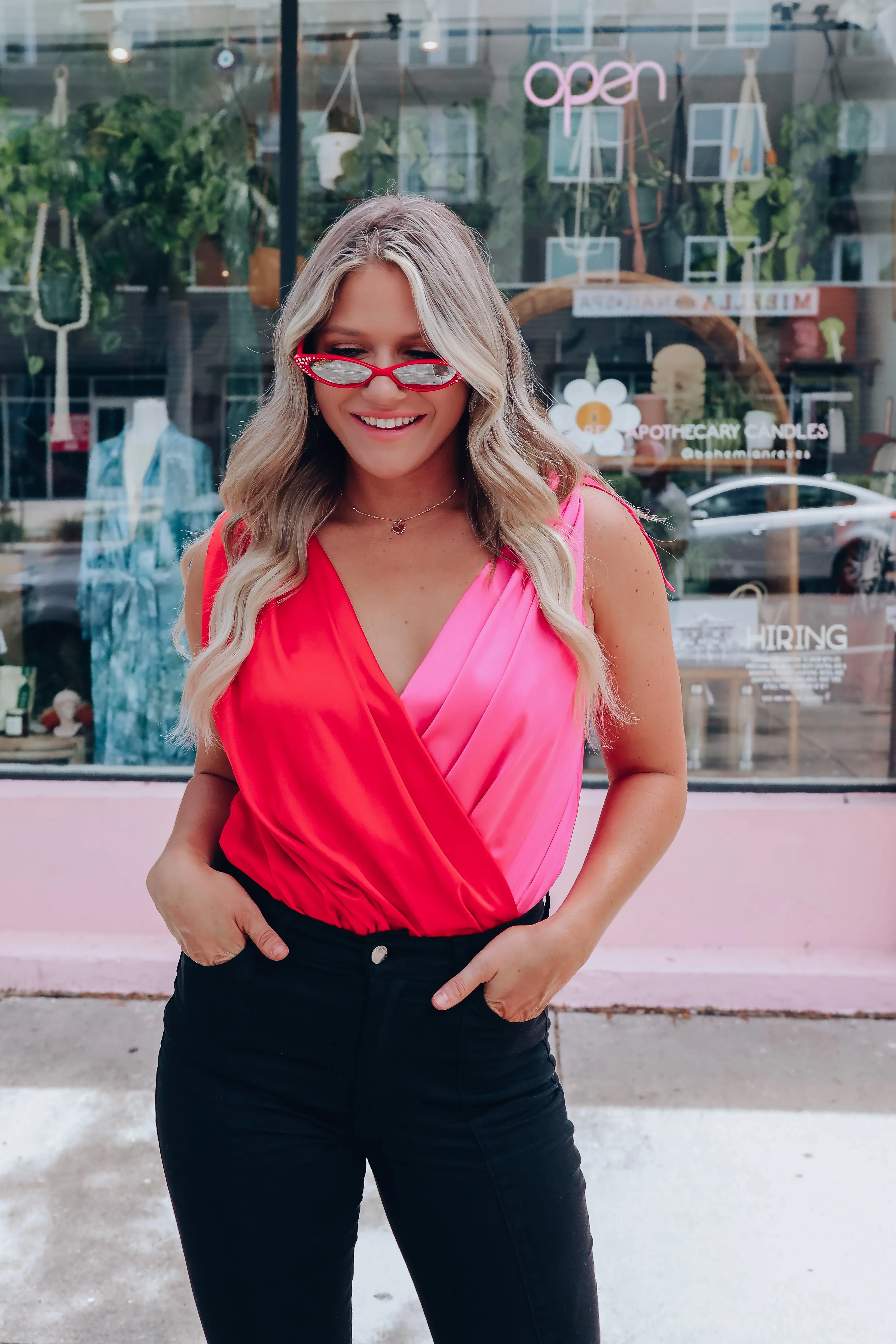 High Class Two-Tone Satin Bodysuit - Red/Pink