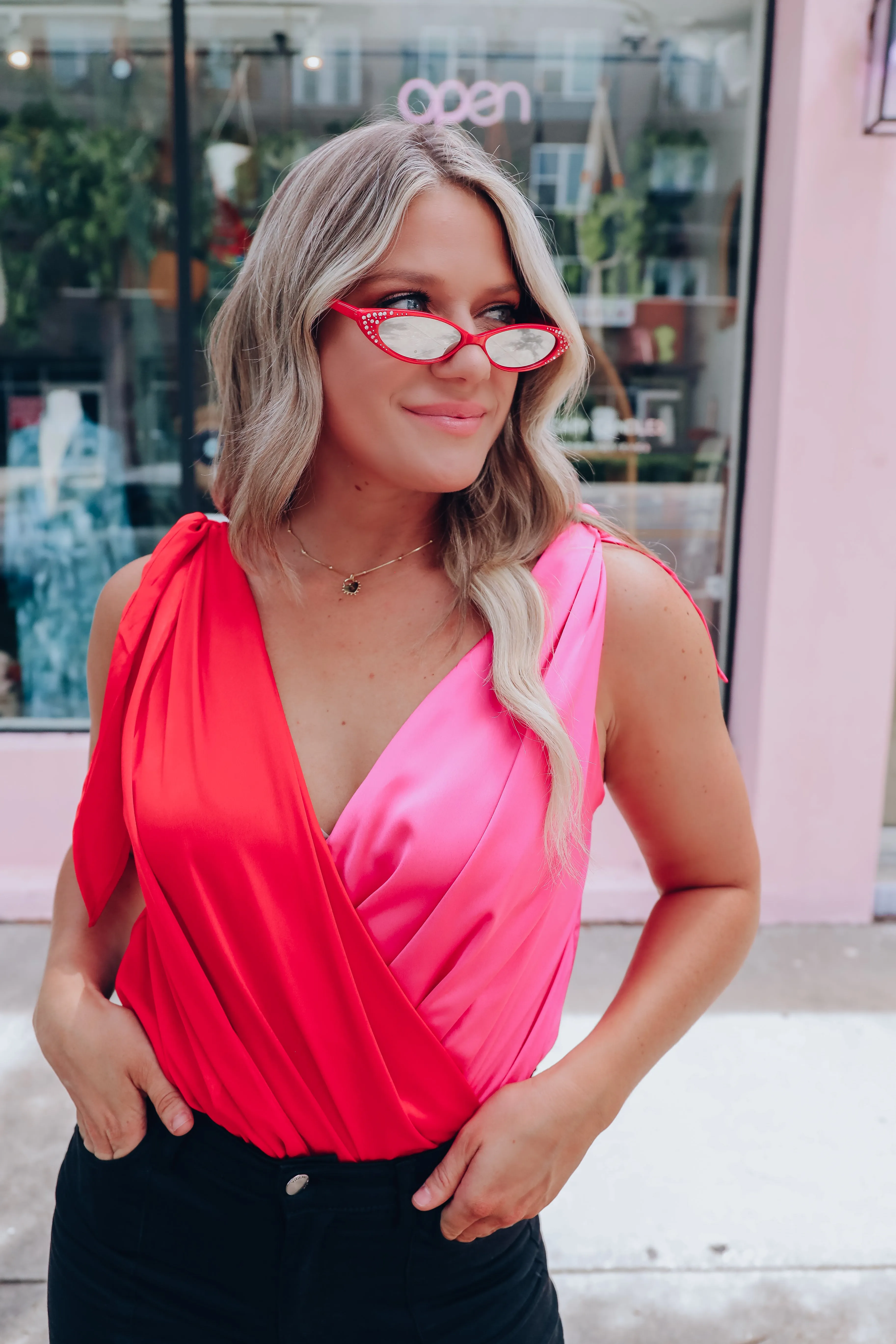 High Class Two-Tone Satin Bodysuit - Red/Pink